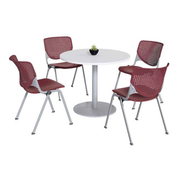 Pedestal Table with Four Burgundy Kool Series Chairs, Round, 36" Dia x 29h, Designer White