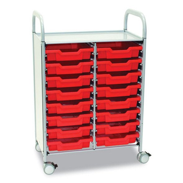 Callero Plus Double Column Trolley Set 05, Metal, 1 Shelf, 16 F1 Shallow Bins, 27.4" x 17.3" x 41.5", Silver/Flame Red