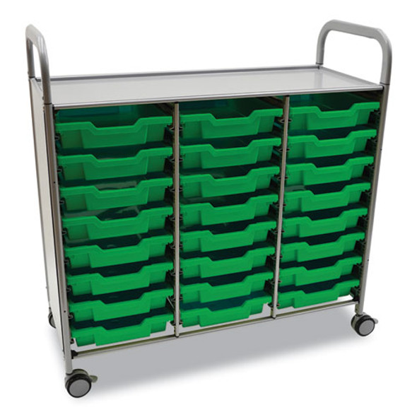Callero Plus Treble Column Trolley Set 03, Metal, 1 Shelf, 24 F1 Shallow Bins, 40.6" x 17.3" x 41.5", Silver/Grass Green