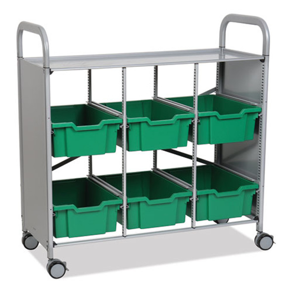 Callero Plus Treble Column Trolley Set 16, Metal, 1 Shelf, 6 F2 Deep Bins, 40.6" x 17.3" x 41.5", Silver/Grass Green