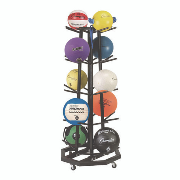 Deluxe Five-Row Mobile Medicine Ball Rack, Metal, 198 lb Capacity, 25" x 25" x 56", Black