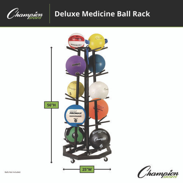 Deluxe Five-Row Mobile Medicine Ball Rack, Metal, 198 lb Capacity, 25" x 25" x 56", Black