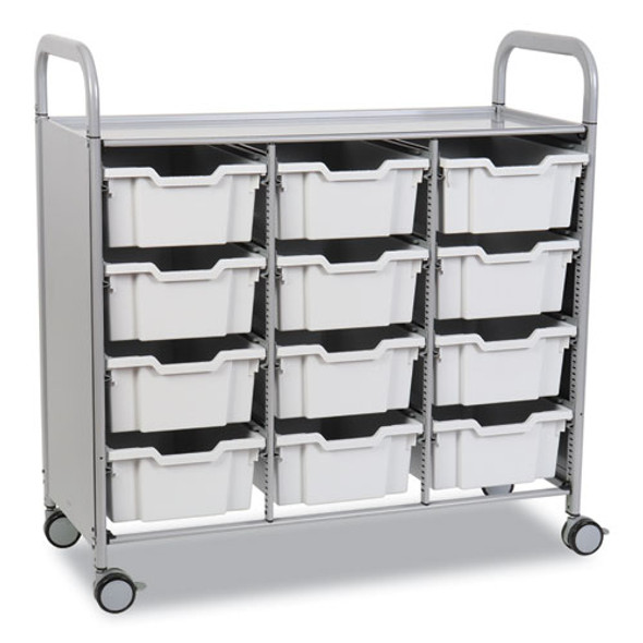Callero Plus Treble Column Trolley Set 13, Metal, 1 Shelf, 12 F2 Deep Bins, 40.6" x 17.3" x 41.5", Silver/Light Gray