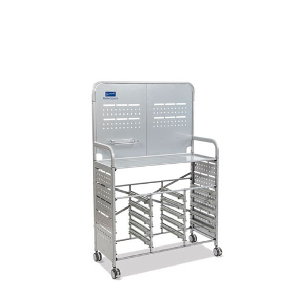 Callero MakerSpace Trolley Set 01, Metal, 1 Shelf, 12 F1 Bins, 3 F2 Bins, 42.9" x 17.3" x 61.8", Silver/Translucent Frost