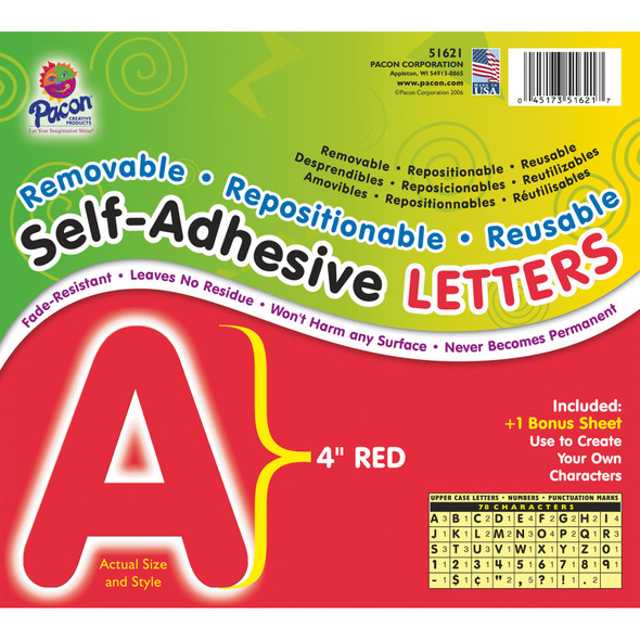 Self-Adhesive Letters, Red, Puffy Font, 4", 78 Characters Per Pack, 2 Packs
