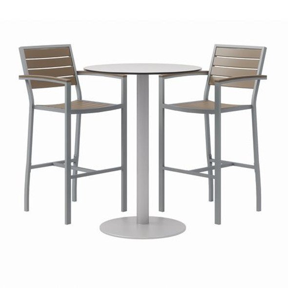 Eveleen Outdoor Bistro Patio Table, Two Mocha Powder-Coated Polymer Barstools, Round, 30" Dia x 41h, Gray