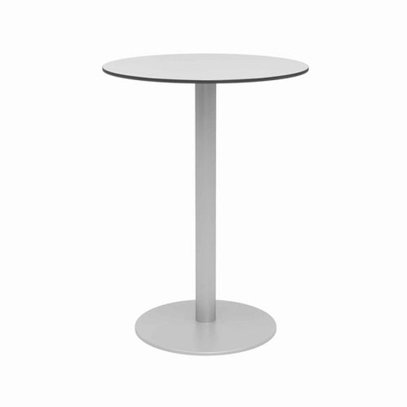 Eveleen Outdoor Bistro Patio Table, Two Mocha Powder-Coated Polymer Barstools, Round, 30" Dia x 41h, Gray