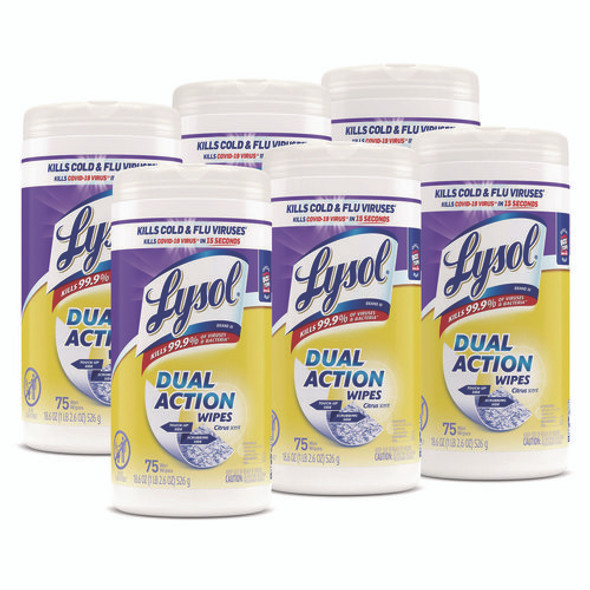 Dual Action Disinfecting Wipes, 1-Ply, 7 x 7.5, Citrus, White/Purple, 75/Canister, 6 Canisters/Carton
