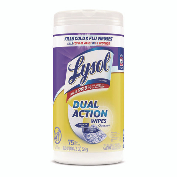 Dual Action Disinfecting Wipes, 1-Ply, 7 x 7.5, Citrus, White/Purple, 75/Canister, 6 Canisters/Carton