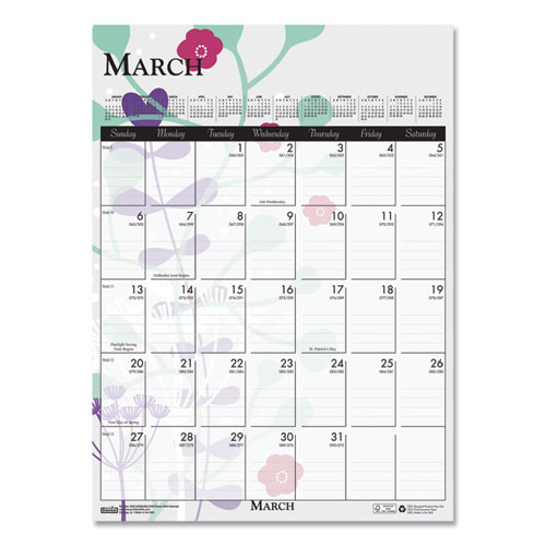 Recycled Wild Flower Wall Calendar, Wild Flowers Artwork, 12 x 16.5, White/Multicolor Sheets, 12-Month (Jan to Dec): 2025
