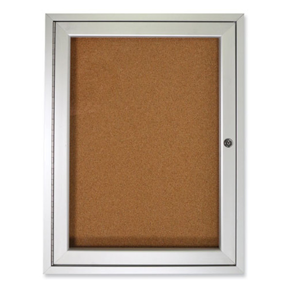 1 Door Enclosed Natural Cork Bulletin Board with Satin Frame, 30" x 36", Tan Surface, Satin Aluminum Frame