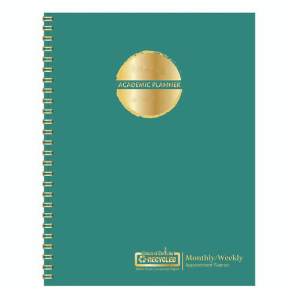100% Recycled MonoBright Monthly/Weekly Planner, 11 x 8.5, Green/Gold Cover, 12-Month (July to June): 2024 to 2025