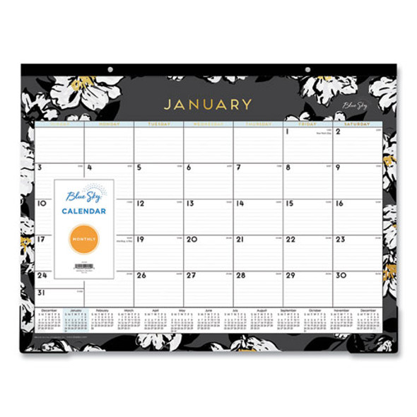 Baccara Dark Desk Pad, Floral Artwork, 22 x 17, White/Black/Gold Sheets, Black Binding, 12-Month (Jan to Dec): 2025