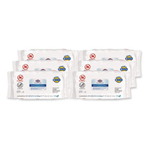 Bleach Germicidal Wipes, Disinfectant Wipes, 1-Ply, 6.75 x 9, Unscented, White, 100 Wipes/Flex-Pack, 6 Flex-Packs/Carton