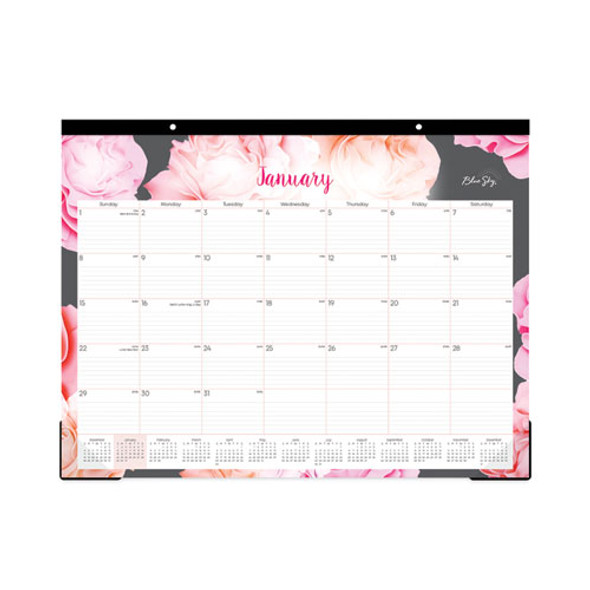 Joselyn Desk Pad, Rose Artwork, 22 x 17, White/Pink/Peach Sheets, Black Binding, Clear Corners, 12-Month (Jan to Dec): 2025