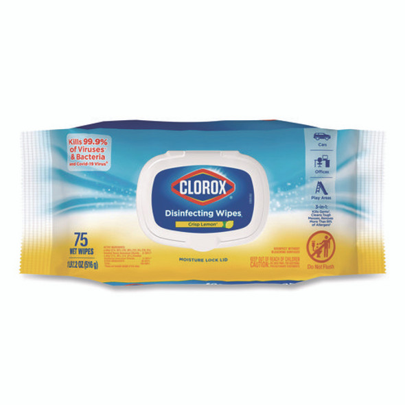 Disinfecting Cleaning Wipes, Flex Pack, 1-Ply, 8 x 7, Lemon Scent, White, 75 Towels/Box