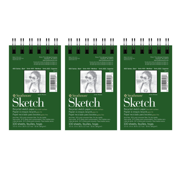 400 Series Sketch Pad, Recycled, Side Wire Binding, 100 Sheet, 3.5x5 inch, Pack of 3