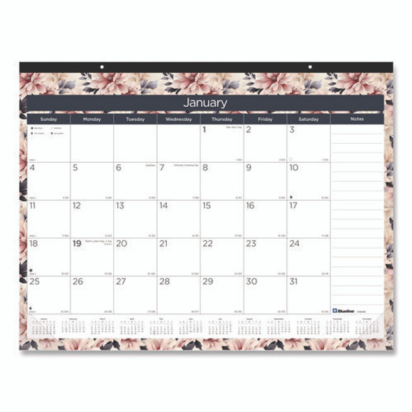 Monthly Desk Pad Calendar, Floral Artwork, 22 x 17, Black Binding, Clear Corners, 12-Month (Jan-Dec): 2025