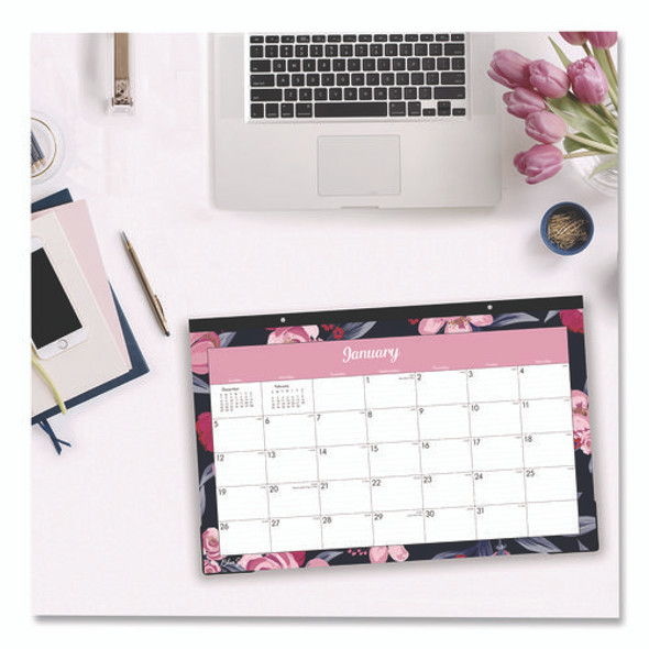 Mimi Pink Desk Pad Calendar, Floral Artwork, 17 x 11, White/Pink/Black Sheets, Black Headband, 12-Month (Jan to Dec): 2025