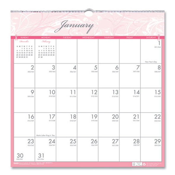 Recycled Monthly Wall Calendar, Breast Cancer Awareness Artwork, 12 x 12, White/Pink/Gray Sheets, 12-Month (Jan-Dec): 2025 Recycled Monthly Wall Calendar, Breast Cancer Awareness Artwork, 12 x 12, White/Pink/Gray Sheets, 12-Month (Jan-Dec): 2025