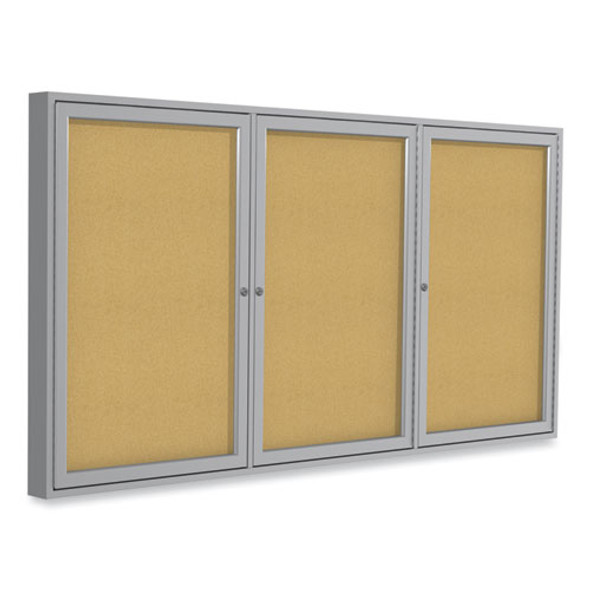3 Door Enclosed Natural Cork Bulletin Board with Satin Frame, 72" x 48", Tan Surface, Satin Aluminum Frame 3 Door Enclosed Natural Cork Bulletin Board with Satin Frame, 72" x 48", Tan Surface, Satin Aluminum Frame