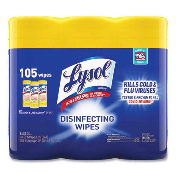 Disinfecting Wipes, 1-Ply, 7 x 7.25, Lemon and Lime Blossom, White, 35 Wipes/Canister, 3 Canisters/Pack
