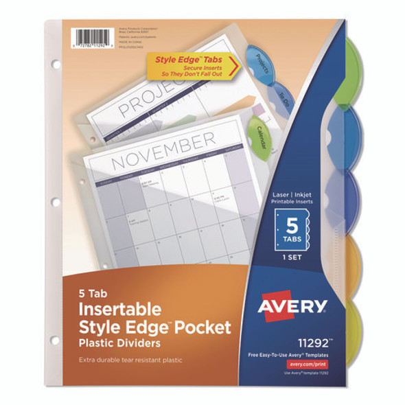 Insertable Style Edge Tab Plastic 1-Pocket Dividers, 5-Tab, 11.25 x 9.25, Translucent, 1 Set