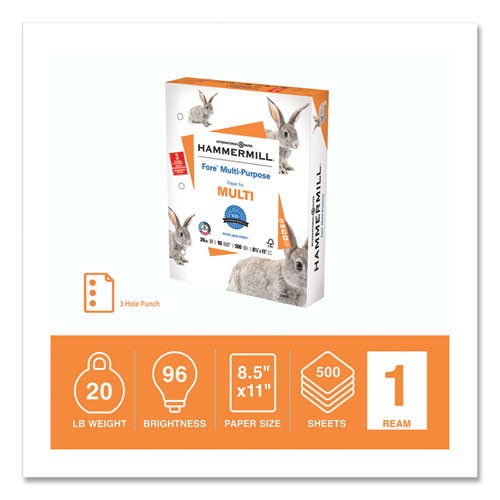 Fore Multipurpose Print Paper, 96 Bright, 3-Hole, 20 lb Bond Weight, 8.5 x 11, White, 500 Sheets/Ream