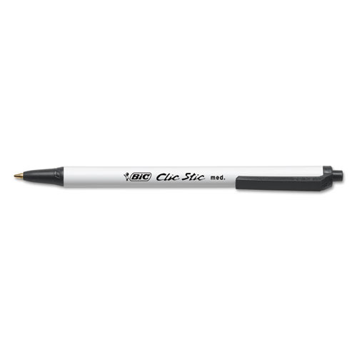 Clic Stic Ballpoint Pen, Retractable, Medium 1 mm, Black Ink, White Barrel, Dozen