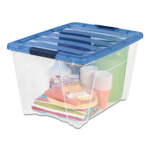 Stack and Pull Latching Flat Lid Storage Box, 13.5 gal, 22" x 16.5" x 13.03", Clear/Translucent Blue Stack and Pull Latching Flat Lid Storage Box, 13.5 gal, 22" x 16.5" x 13.03", Clear/Translucent Blue