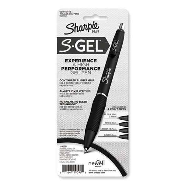 S-Gel High-Performance Gel Pen, Retractable, Extra-Fine 0.38 mm, Black Ink, Black Barrel, 4/Pack