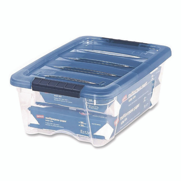 Stack and Pull Latching Flat Lid Storage Box, 3.23 gal, 10.9" x 16.5" x 6.5", Clear/Translucent Blue
