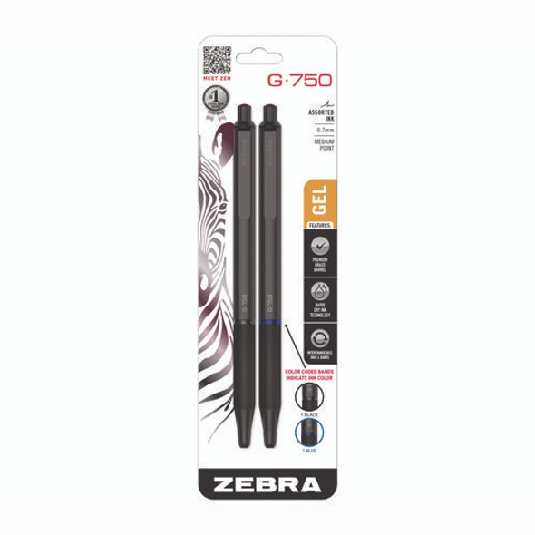 G-750 Gel Pen, Retractable, Medium 0.7 mm, Black; Blue Ink, Black Barrel, 2/Pack