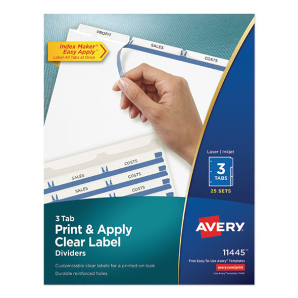Print and Apply Index Maker Clear Label Dividers, 3-Tab, White Tabs, 11 x 8.5, White, 25 Sets