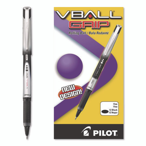 VBall Grip Liquid Ink Rollerball Pen, Stick, Fine 0.7 mm, Black Ink, Black/Silver Barrel, Dozen