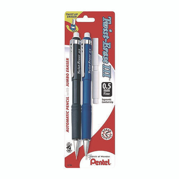 Twist-Erase III Mechanical Pencil, 0.5 mm, HB (#2), Black Lead, Black/Blue Barrel, 2/Pack