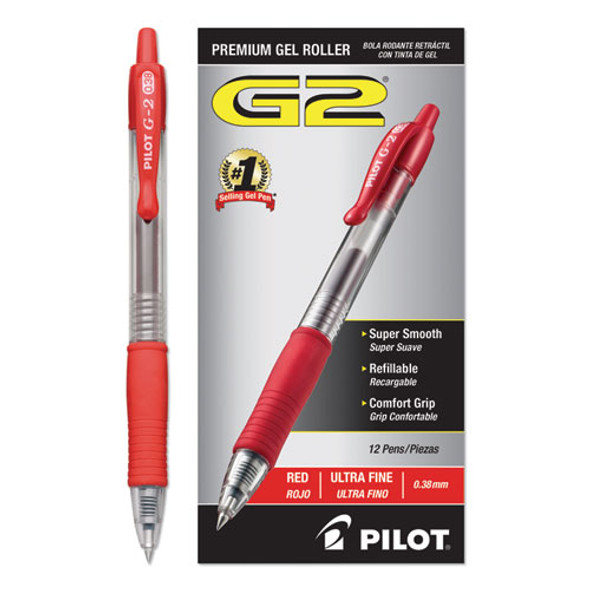 G2 Premium Gel Pen, Retractable, Extra-Fine 0.38 mm, Red Ink, Smoke/Red Barrel