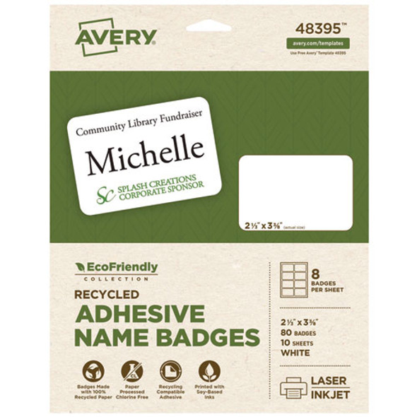 EcoFriendly Adhesive Name Badge Labels, 3.38 x 2.33, White, 80/Pack