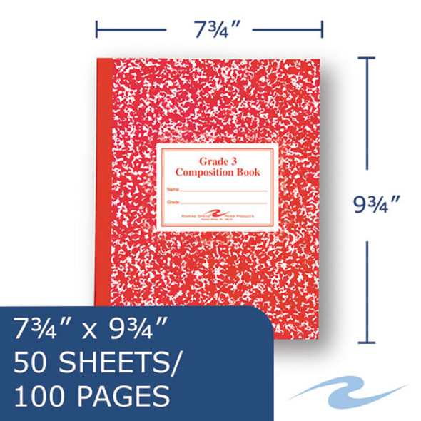 Grade School Ruled Composition Book, Grade 3 Manuscript Format, Red Marble Cover, (50) 9.75 x 7.75 Sheets