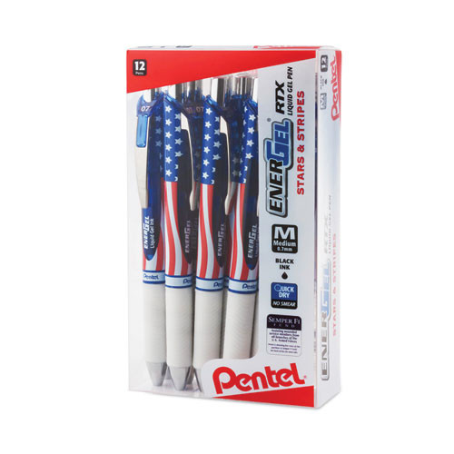 EnerGel RTX Stars and Stripes Gel Pen, Retractable, Medium 0.7 mm, Black Ink, Red/White/Blue Barrel, Dozen