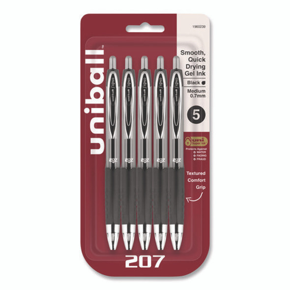 Signo 207 Gel Pen, Retractable, Medium 0.7 mm, Black Ink, Clear/Black Barrel, 5/Pack
