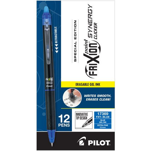 FriXion Synergy Clicker Erasable Gel Pen, Retractable, Extra-Fine 0.5 mm, Blue Ink, Black/Blue Barrel, Dozen