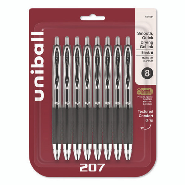 Signo 207 Gel Pen, Retractable, Medium 0.7 mm, Black Ink, Clear/Black Barrel, 8/Pack