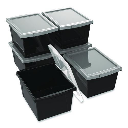 Storage Bin with Lid, 4 gal, 11.25" x 11.25" x 7.87", Black, 6/Pack