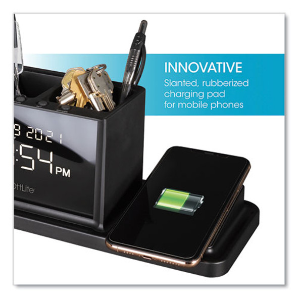 Desktop Organizer with LED Alarm Clock/Device Charger, 2 Compartments, 10.68 x 4.88 x 4.32, Black, Plastic