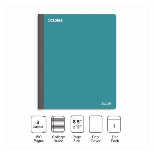 Three-Subject Twin-Wire Notebook, Medium/College Rule, Teal Cover, (150) 11 x 8.5 Sheets