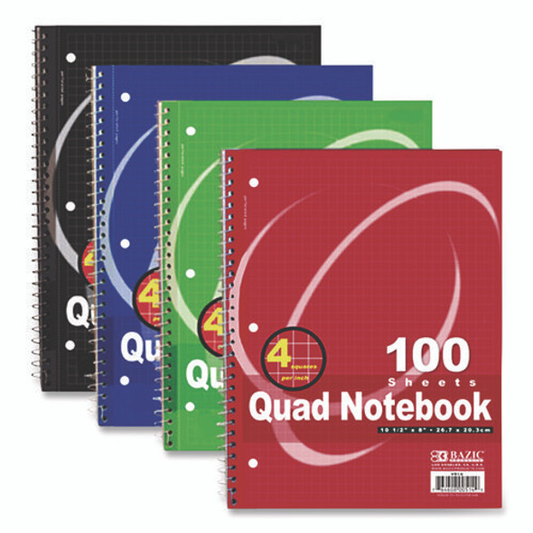 Spiral Notebooks, 1-Subject, Quadrille Rule (4 sq/in), Randomly Assorted Cover Color, (100) 10.5 x 8 Sheets