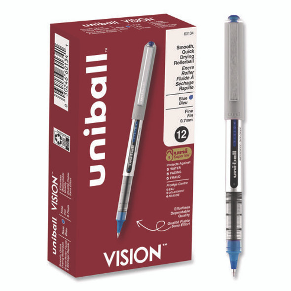 VISION Rollerball Pen, Stick, Fine 0.7 mm, Blue Ink, Silver/Blue/Clear Barrel, Dozen VISION Rollerball Pen, Stick, Fine 0.7 mm, Blue Ink, Silver/Blue/Clear Barrel, Dozen