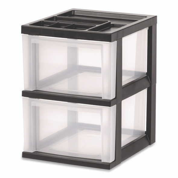 2-Compartment Desktop Stackable Storage Drawer, 12.17 x 14.33 x 16.77, Black/Translucent White
