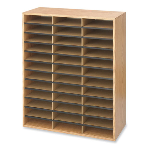 Wood/Corrugated Literature Organizer, 36 Compartments, 29 x 12 x 34.5, Medium Oak